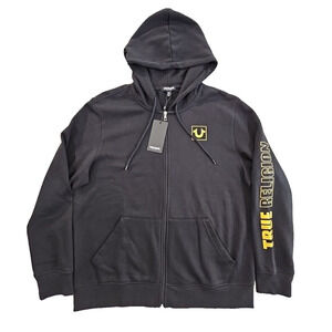 True Religion Full Zip Hoodie Men's XL NWT Black Long Sleeve Gold Sleeve